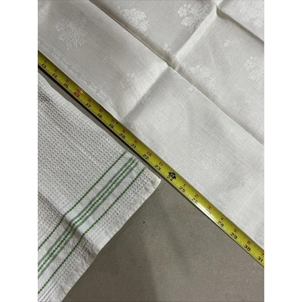 Vintage Linen Fringed Dresser Table Runner 40”x 21” And Cotton Dish Towel 24”x17